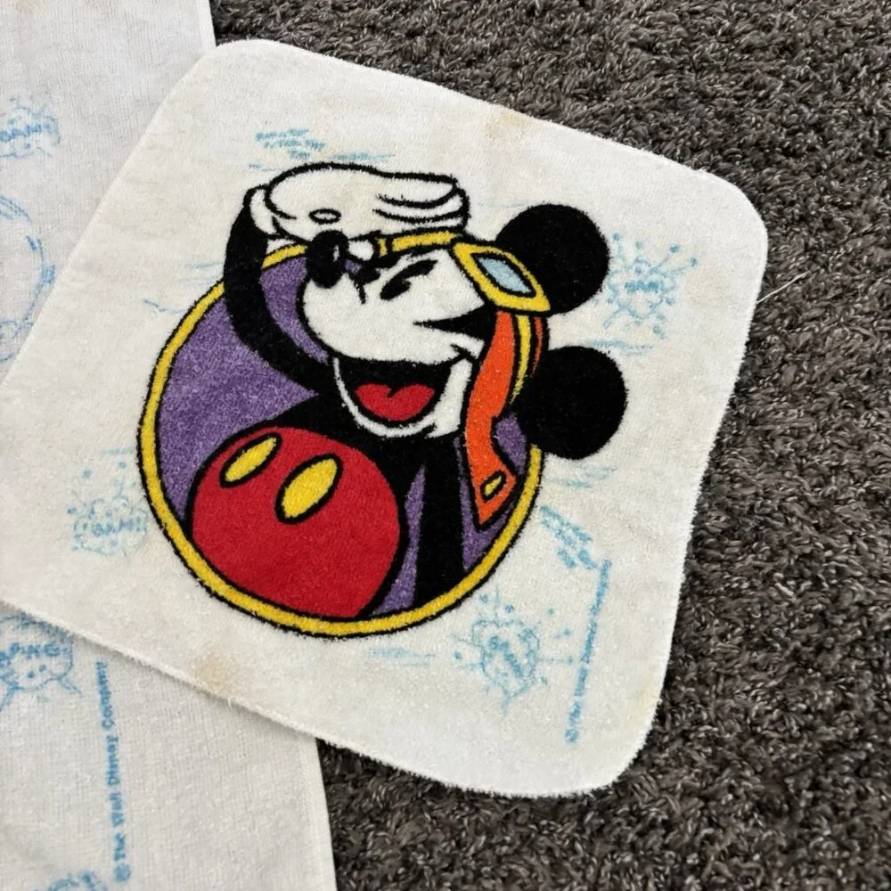 Vintage 90s  Disney Bath Towel & Washcloth Mickey Mouse Mail Pilot See Pics